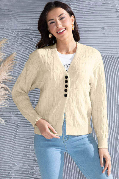 Cable-Knit Button Up Dropped Shoulder Cardigan - TRENDMELO