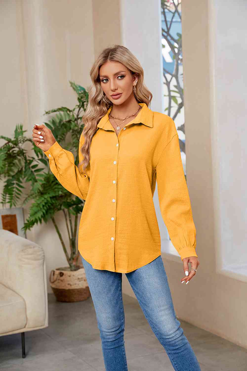 Collared Neck Buttoned Long Sleeve Shirt - TRENDMELO