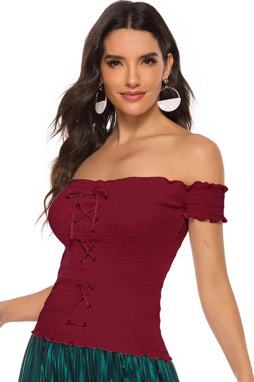 Lace-Up Front Lettuce Hem Off-Shoulder Knit Top - TRENDMELO