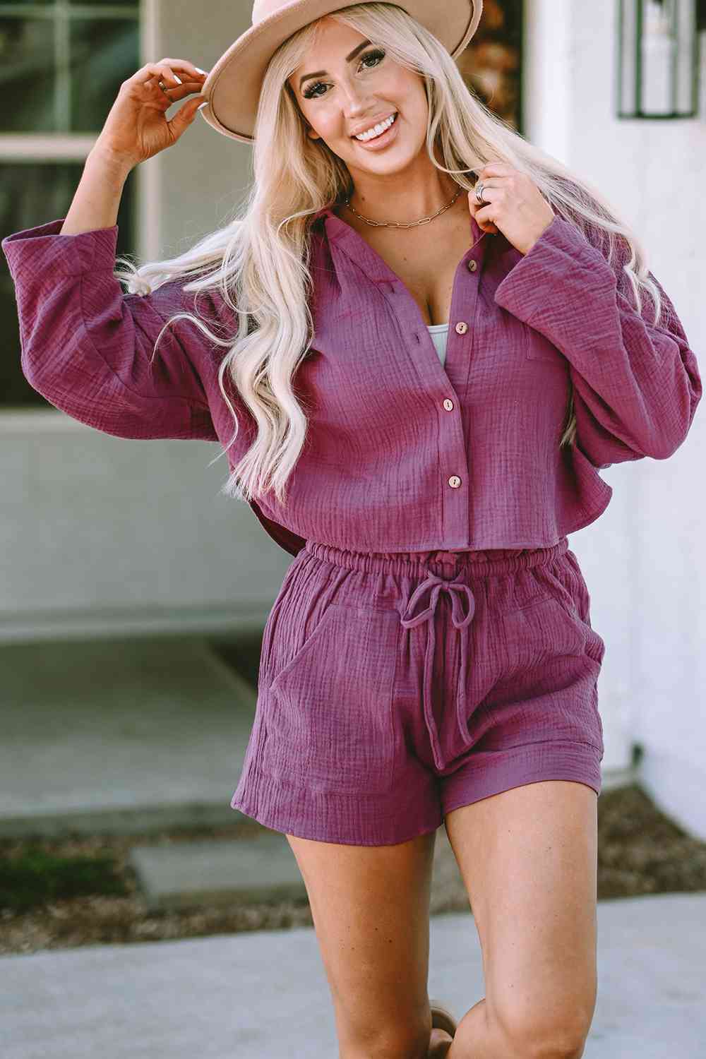 Buttoned Long Sleeve Top and Shorts Set - TRENDMELO