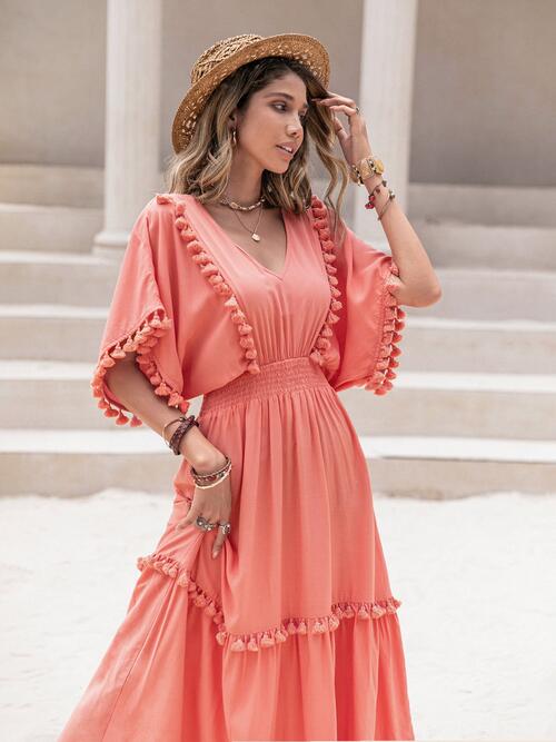 Tassel Trim Smocked V-Neck Short Sleeve Dress - TRENDMELO