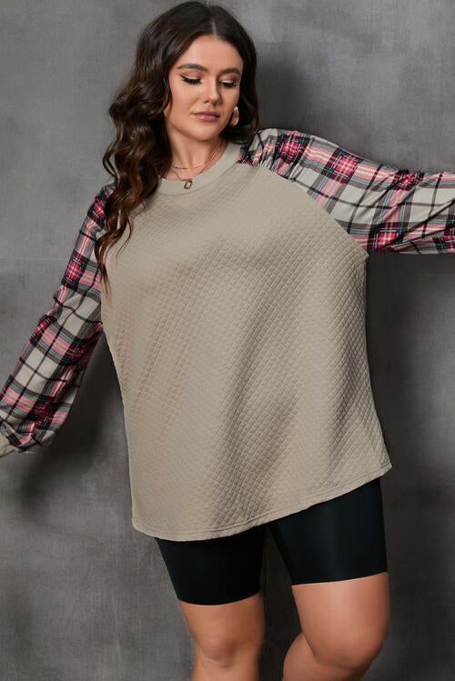 Plus Size Plaid Round Neck Long Sleeve Sweatshirt - TRENDMELO