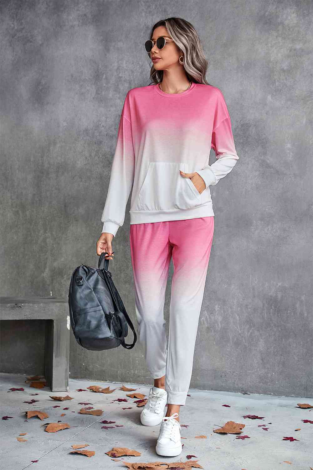 Gradient Round Neck Sweatshirt and Joggers Set - TRENDMELO