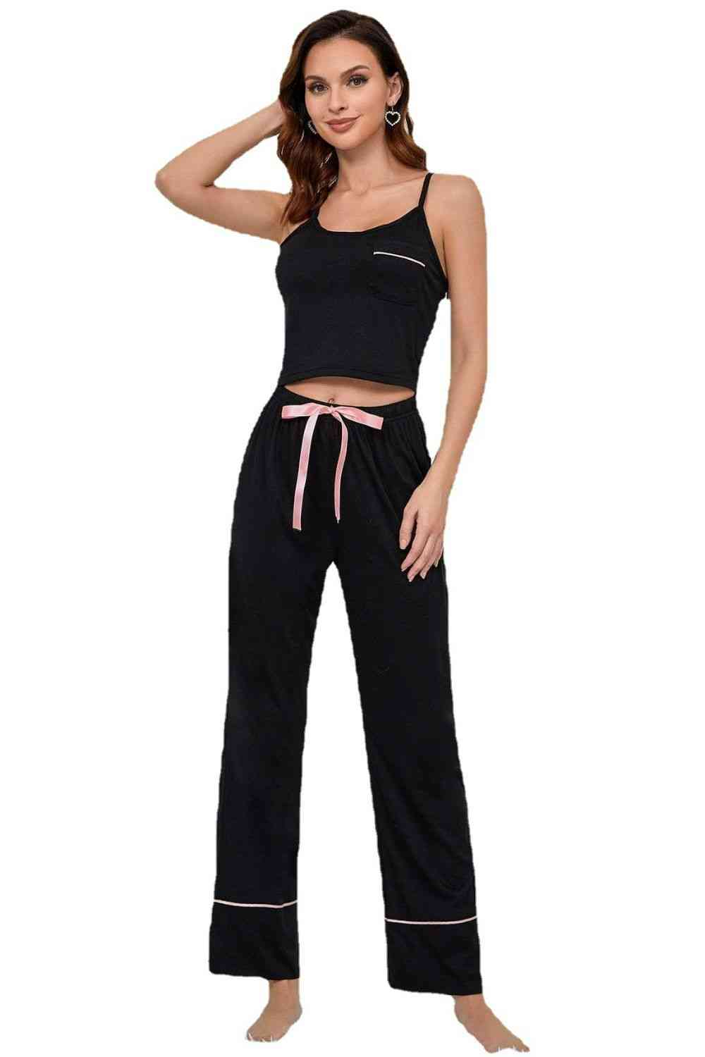 Contrast Trim Cropped Cami and Pants Loungewear Set - TRENDMELO