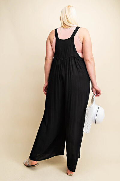 Kori America Full Size Sleeveless Ruched Wide Leg Overalls - TRENDMELO