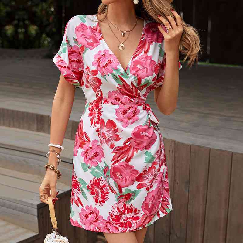 Floral Tied Short Sleeve Mini Dress - TRENDMELO