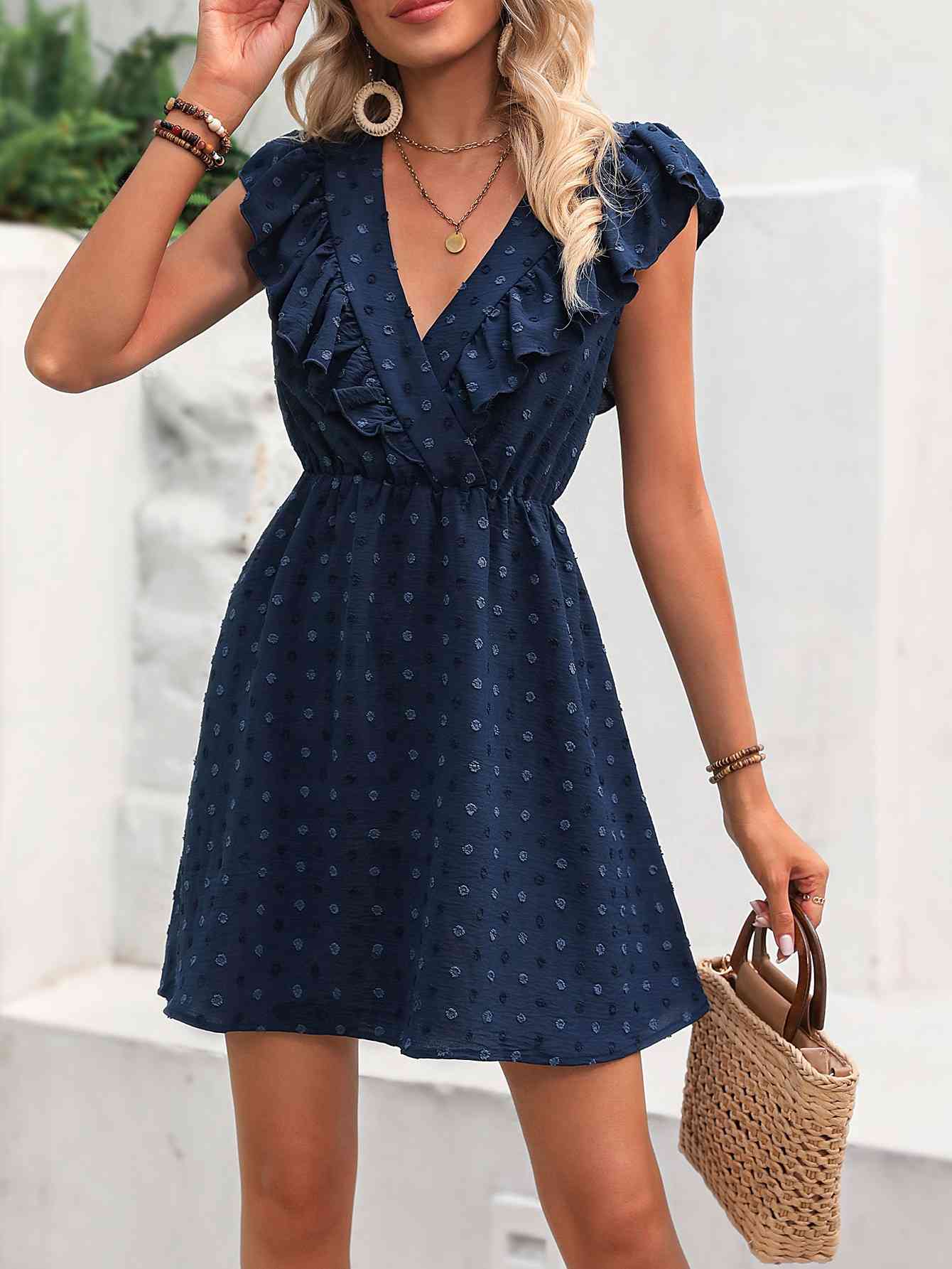 Swiss Dot Ruffled Plunge Dress - TRENDMELO