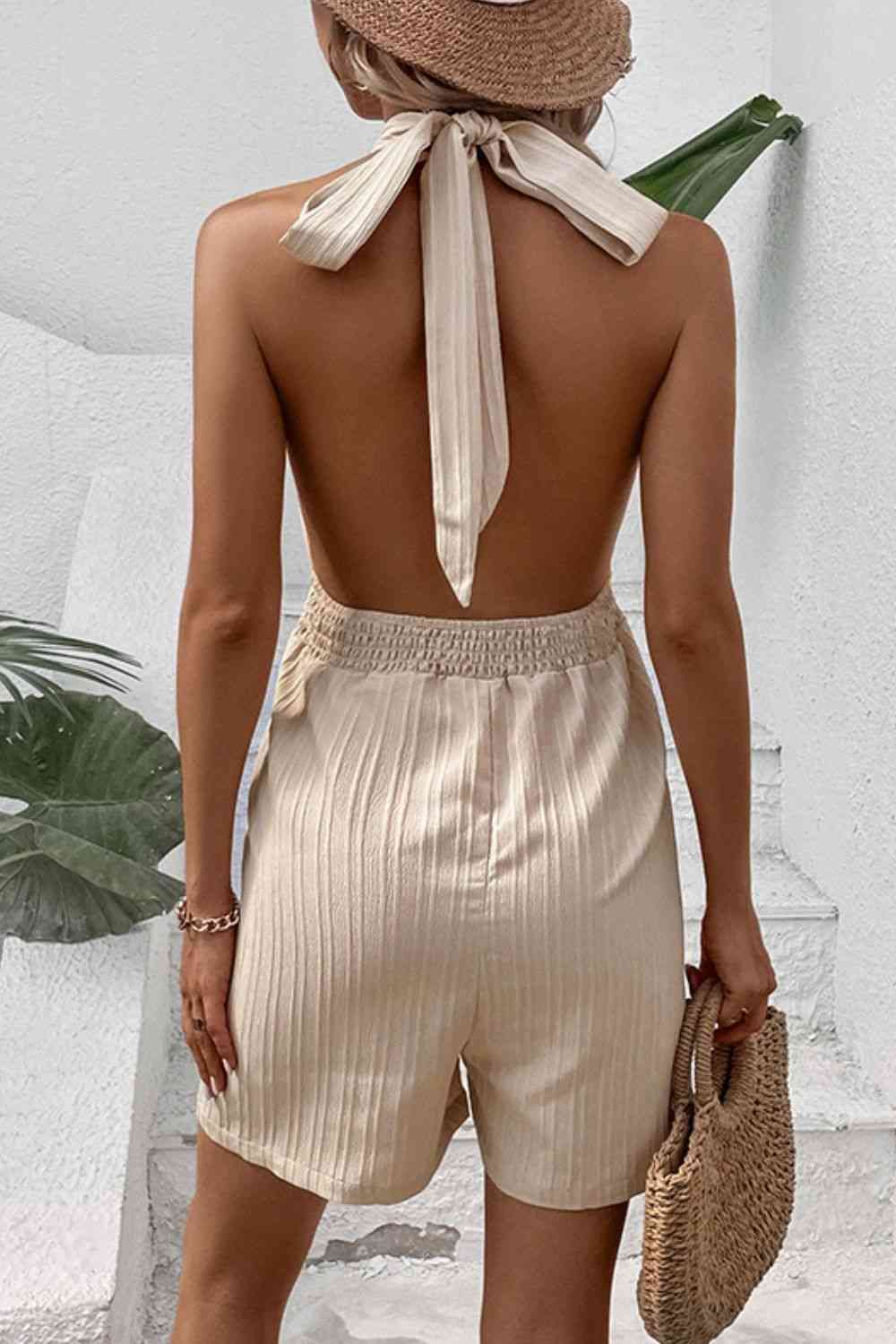 Halter Neck Smocked Waist Romper - TRENDMELO