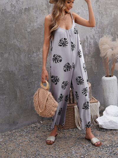 Printed Spaghetti Strap Jumpsuit with Pockets - TRENDMELO