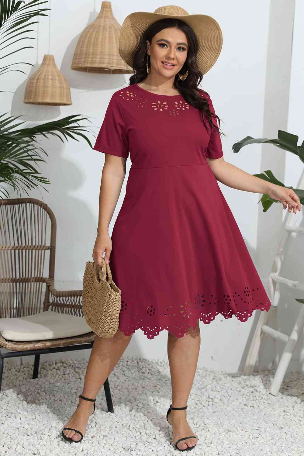 Plus Size Round Neck Openwork Dress - TRENDMELO