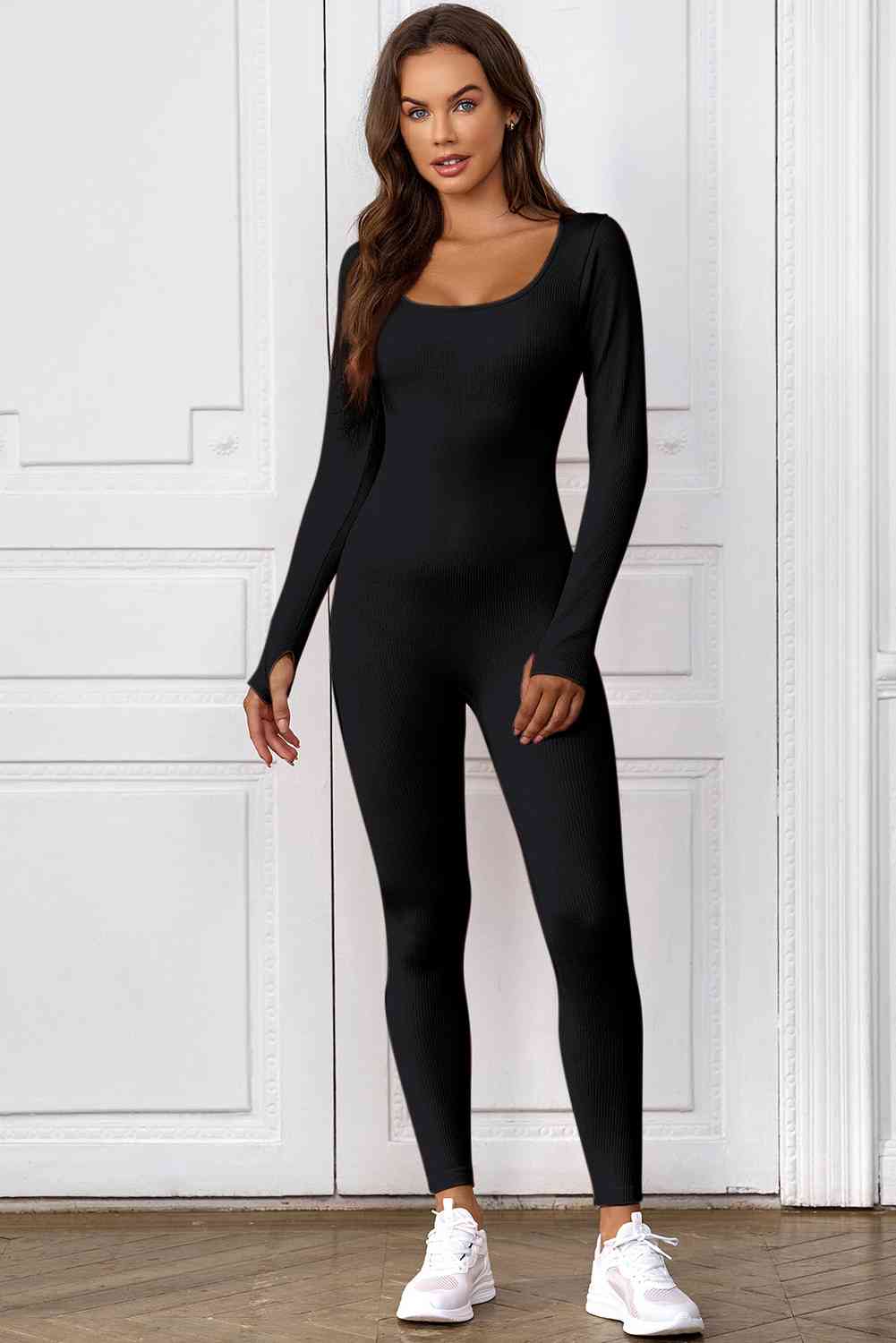 Long Sleeve Scoop Neck Skinny Jumpsuit - TRENDMELO