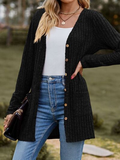 Ribbed Button Up Long Sleeve Cardigan - TRENDMELO