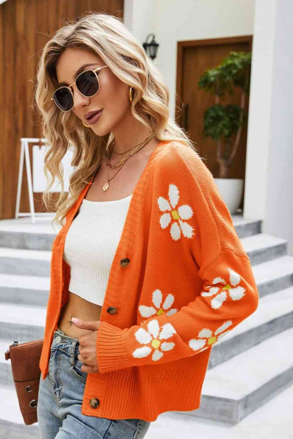 Floral Ribbed Trim Drop Shoulder Cardigan - TRENDMELO