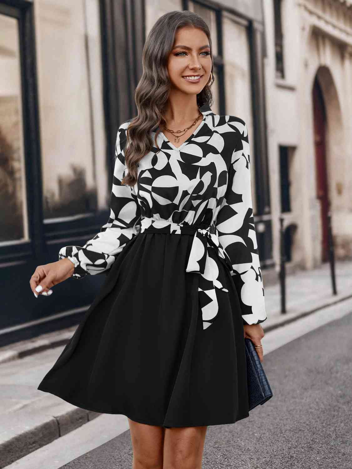 Contrast Notched Tie Front Long Sleeve Dress - TRENDMELO