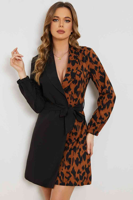 Leopard Color Block Belted Shawl Collar Dress - TRENDMELO