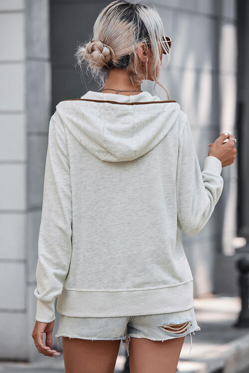 Half Button Drawstring Long Sleeve Hoodie - TRENDMELO