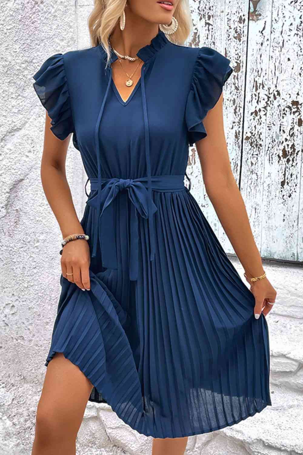 Tie Neck Belted Pleated Dress - TRENDMELO