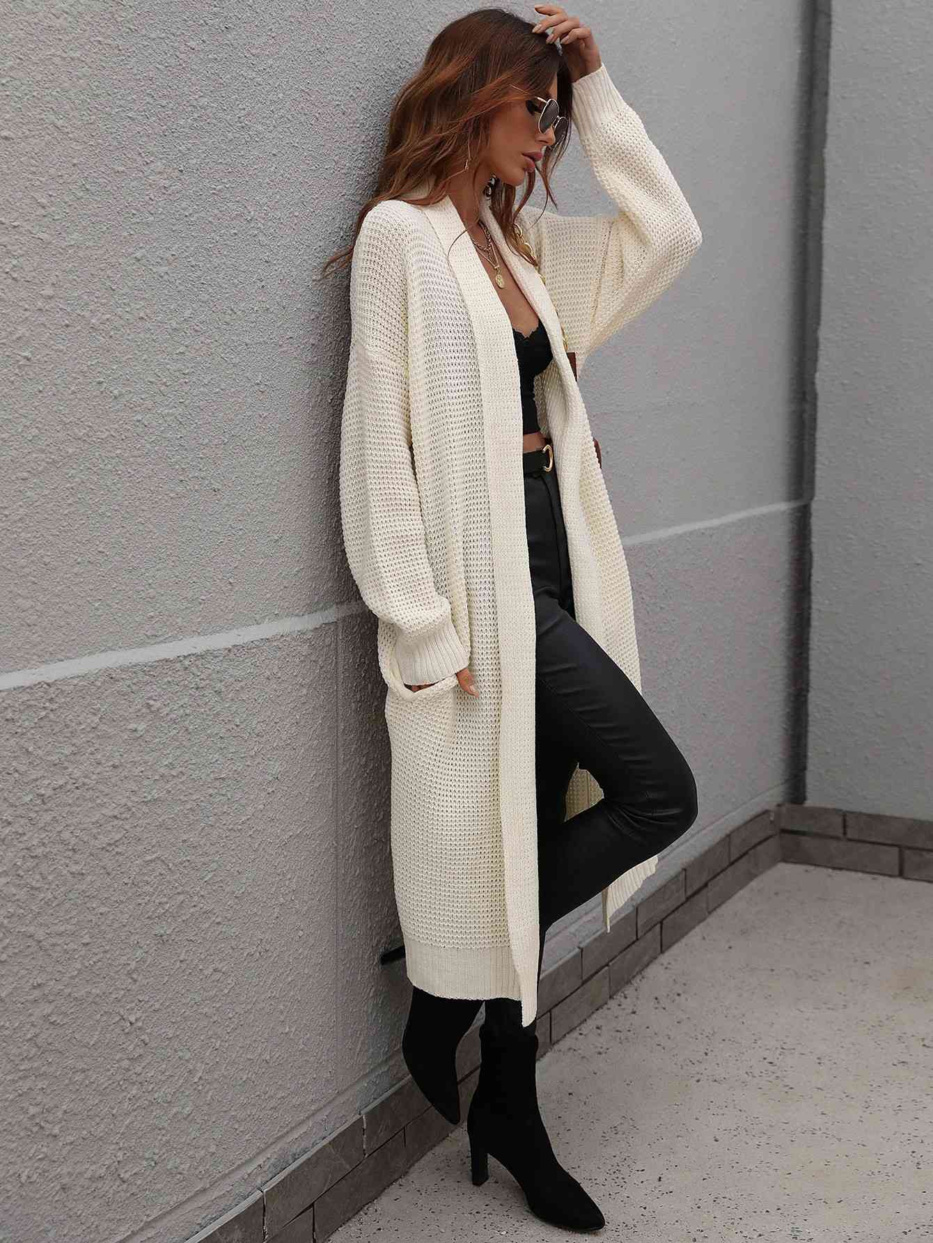 Double Take Waffle Knit Open Front Duster Cardigan With Pockets - TRENDMELO