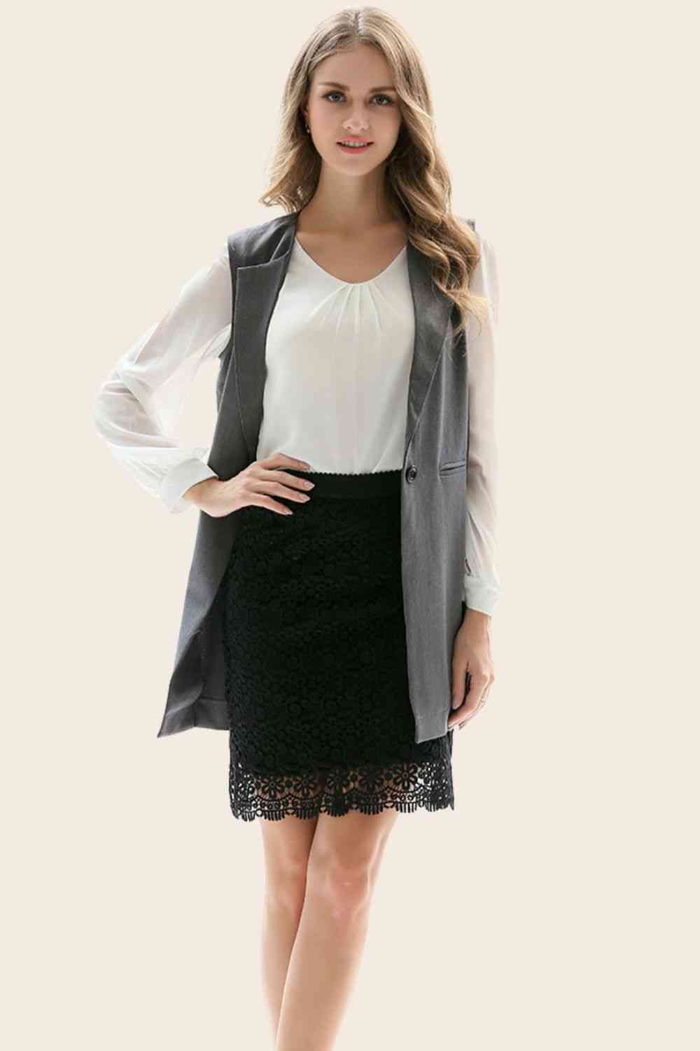 One-Button Sleeveless Longline Blazer - TRENDMELO