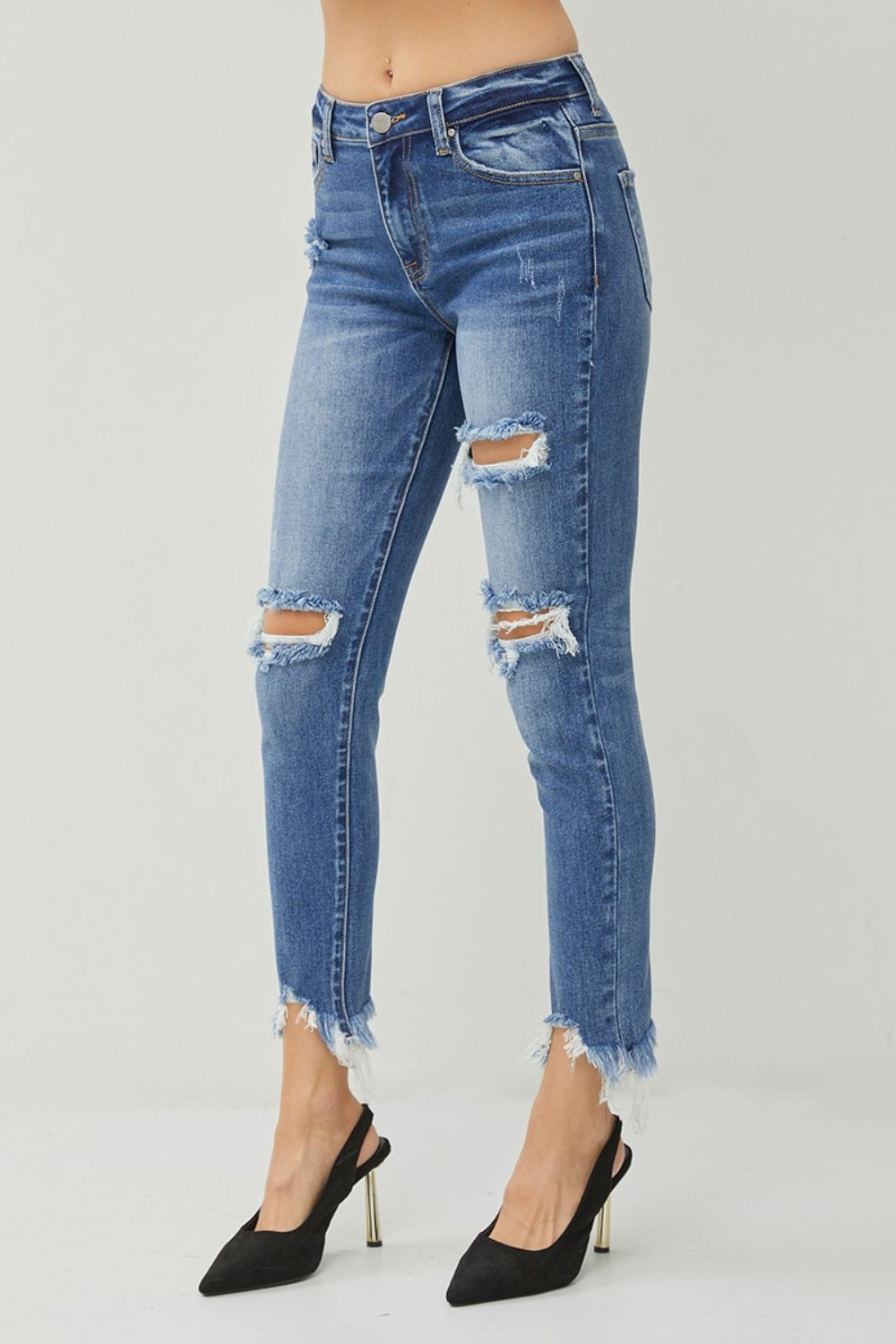 RISEN Distressed Frayed Hem Slim Jeans - TRENDMELO