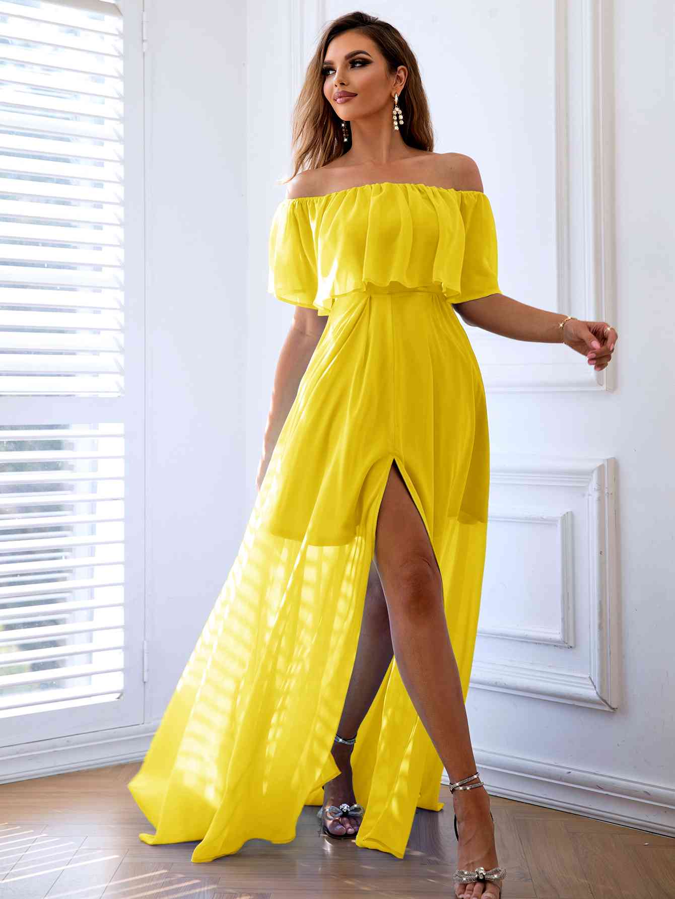Off-Shoulder Layered Split Maxi Dress - TRENDMELO