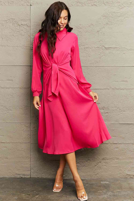 Collared Neck Long Sleeve Twisted Midi Dress - TRENDMELO