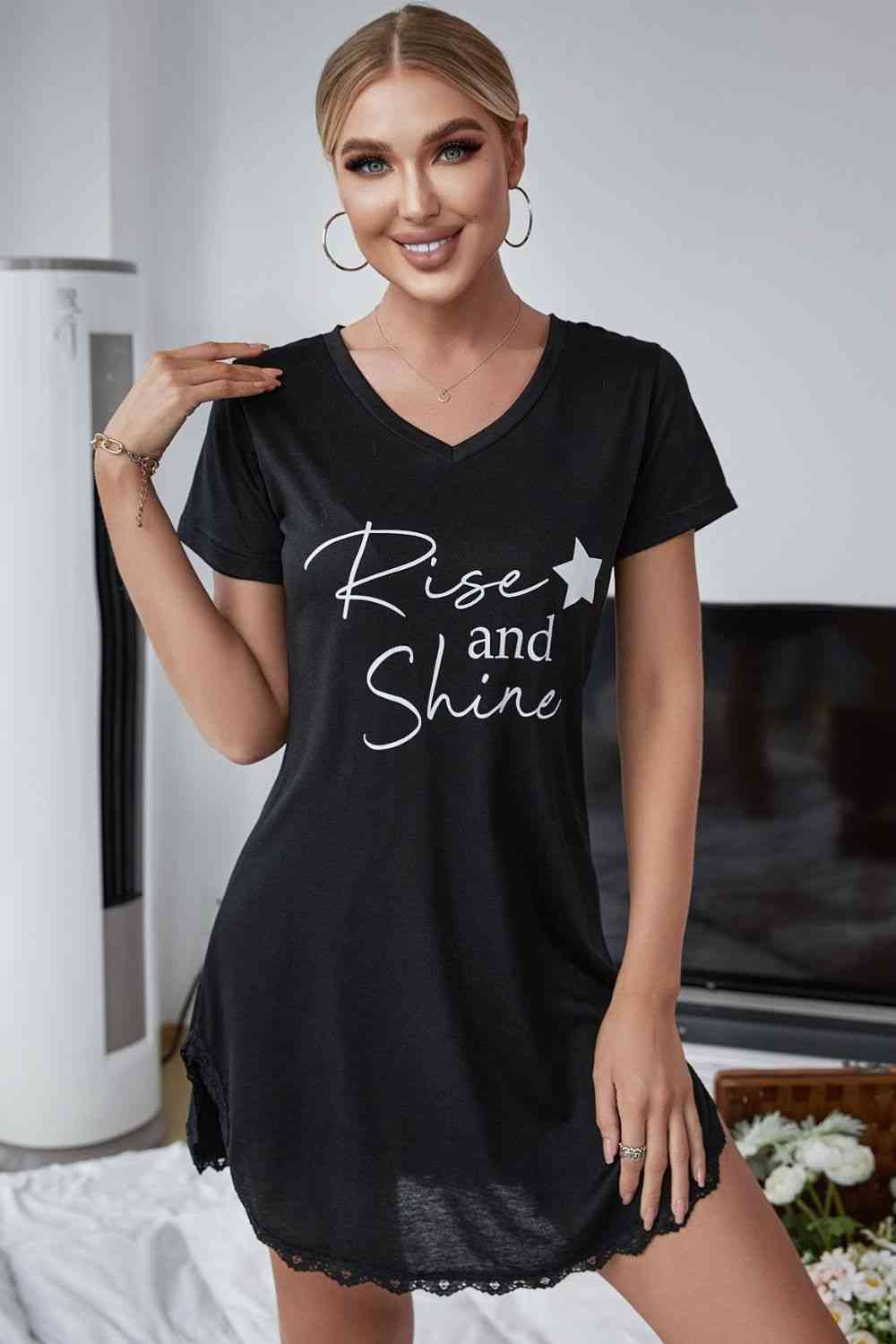 RISE AND SHINE Contrast Lace V-Neck T-Shirt Dress - TRENDMELO