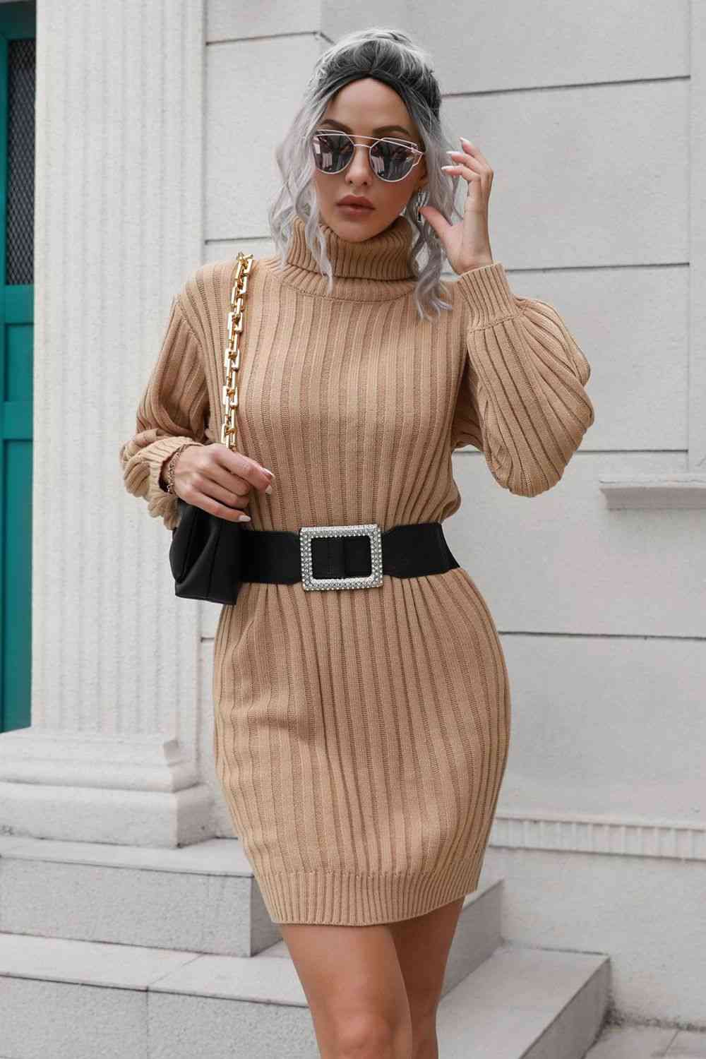 Ribbed Turtle Neck Long Sleeve Mini Sweater Dress - TRENDMELO