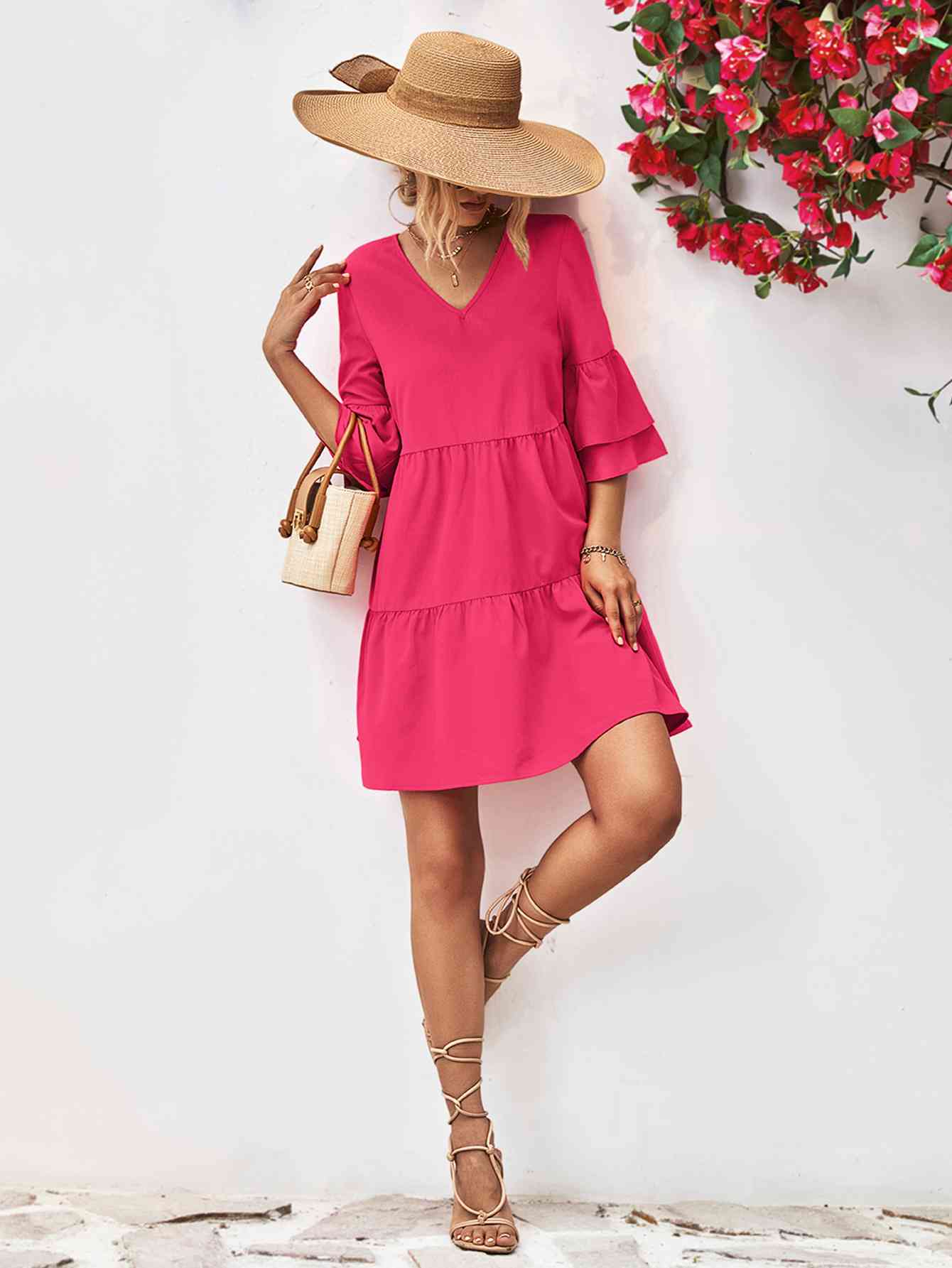 V-Neck Flare Sleeve Mini Dress - TRENDMELO