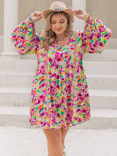 Plus Size Printed V-Neck Balloon Sleeve Mini Dress - TRENDMELO