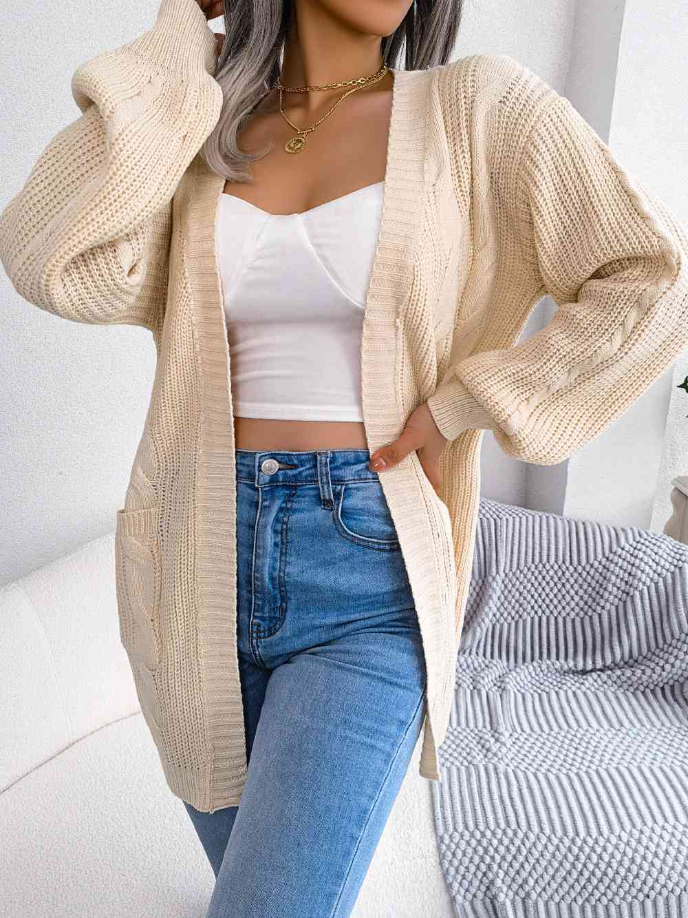 Cable-Knit Open Front Pocketed Cardigan - TRENDMELO