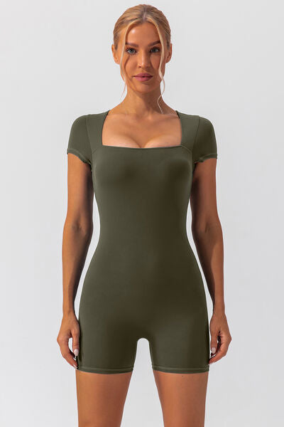 Square Neck Cap Sleeve Active Romper - TRENDMELO