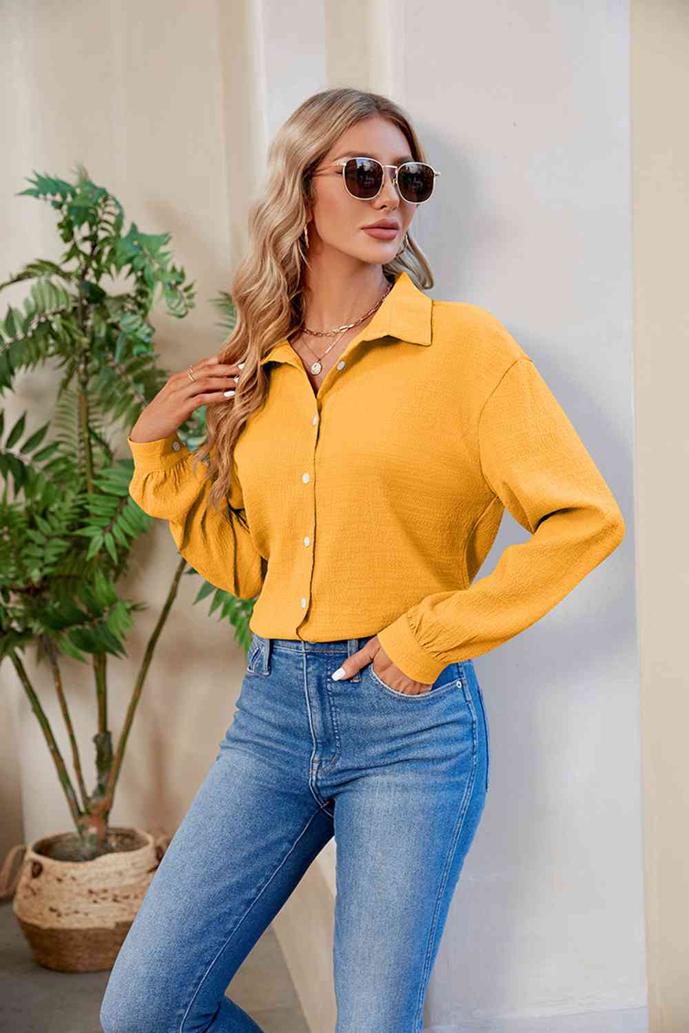 Collared Neck Buttoned Long Sleeve Shirt - TRENDMELO