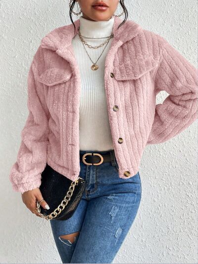 Fuzzy Button Up Collared Neck Jacket - TRENDMELO