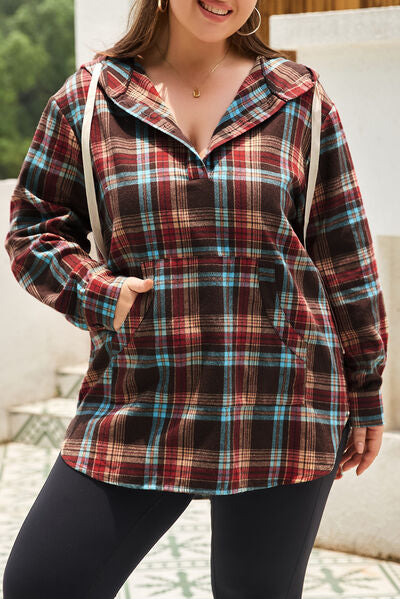 Plus Size Drawstring Plaid Quarter Button Hoodie - TRENDMELO