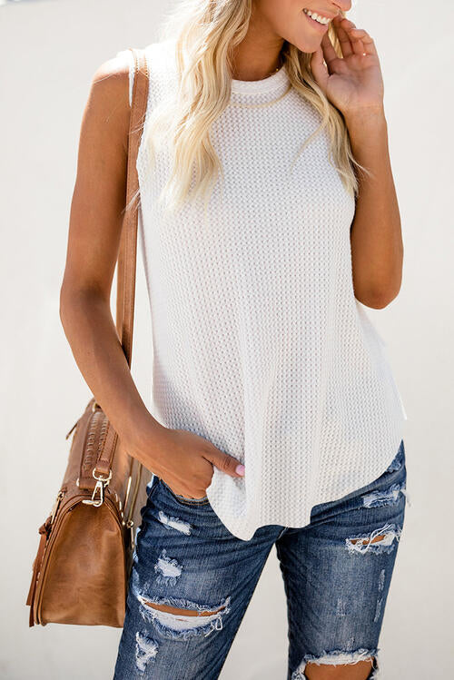 Waffle Knit Round Neck Tank - TRENDMELO