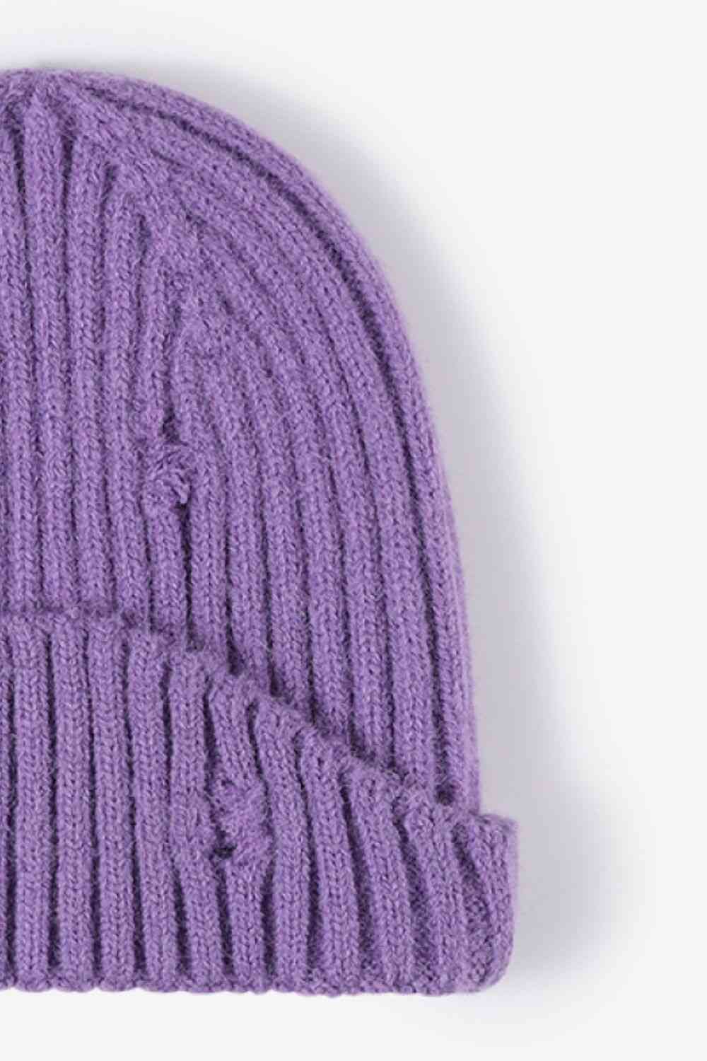 Distressed Rib-Knit Beanie - TRENDMELO