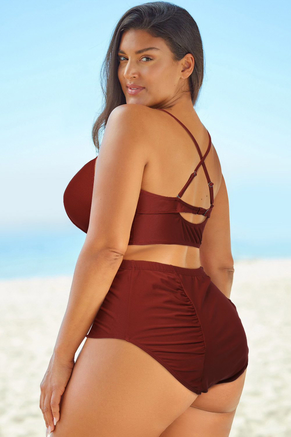 Full Size Halter Neck Crisscross Ruched Two-Piece Swimsuit - TRENDMELO