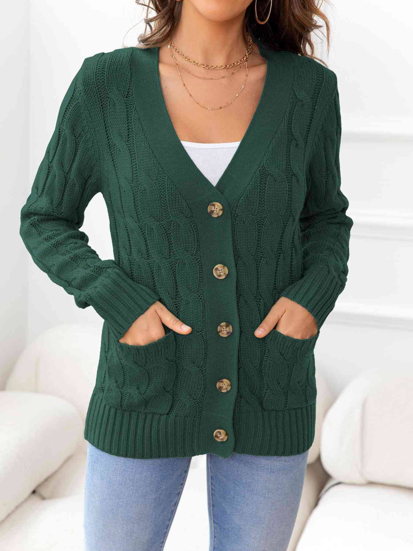 Button Down Cable-Knit Cardigan - TRENDMELO