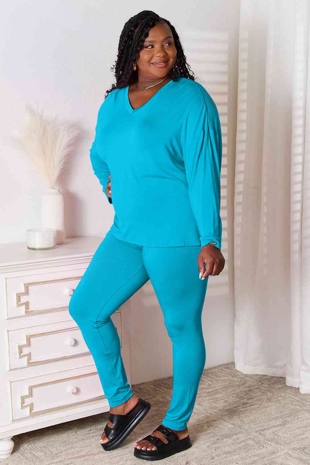 Basic Bae Full Size V-Neck Soft Rayon Long Sleeve Top and Pants Lounge Set - TRENDMELO