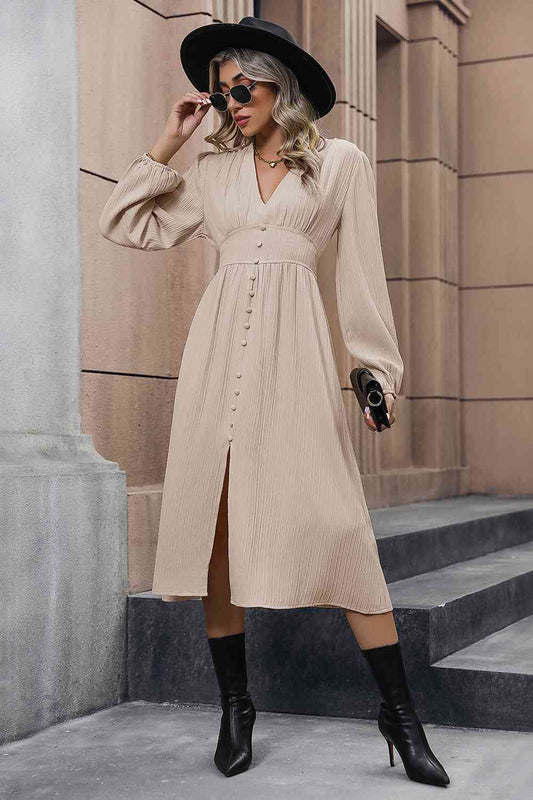 V-Neck Buttoned Slit Dress - TRENDMELO