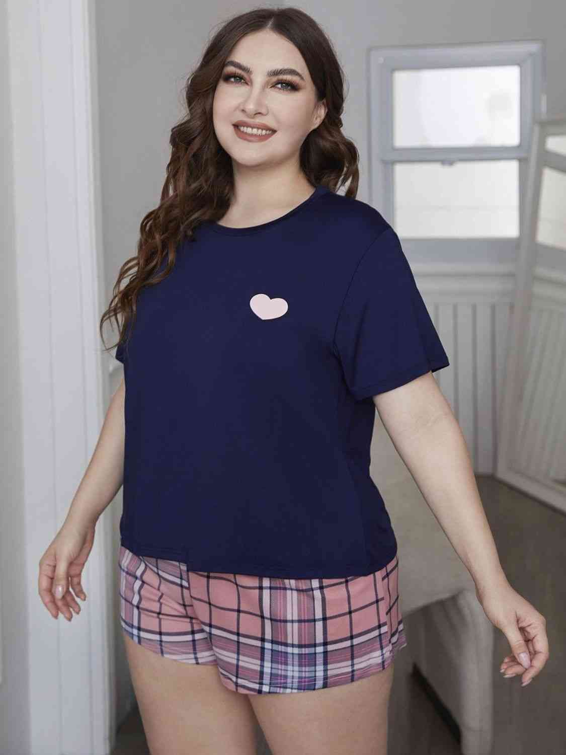 Plus Size Heart Graphic Top and Plaid Shorts Loungewear Set - TRENDMELO