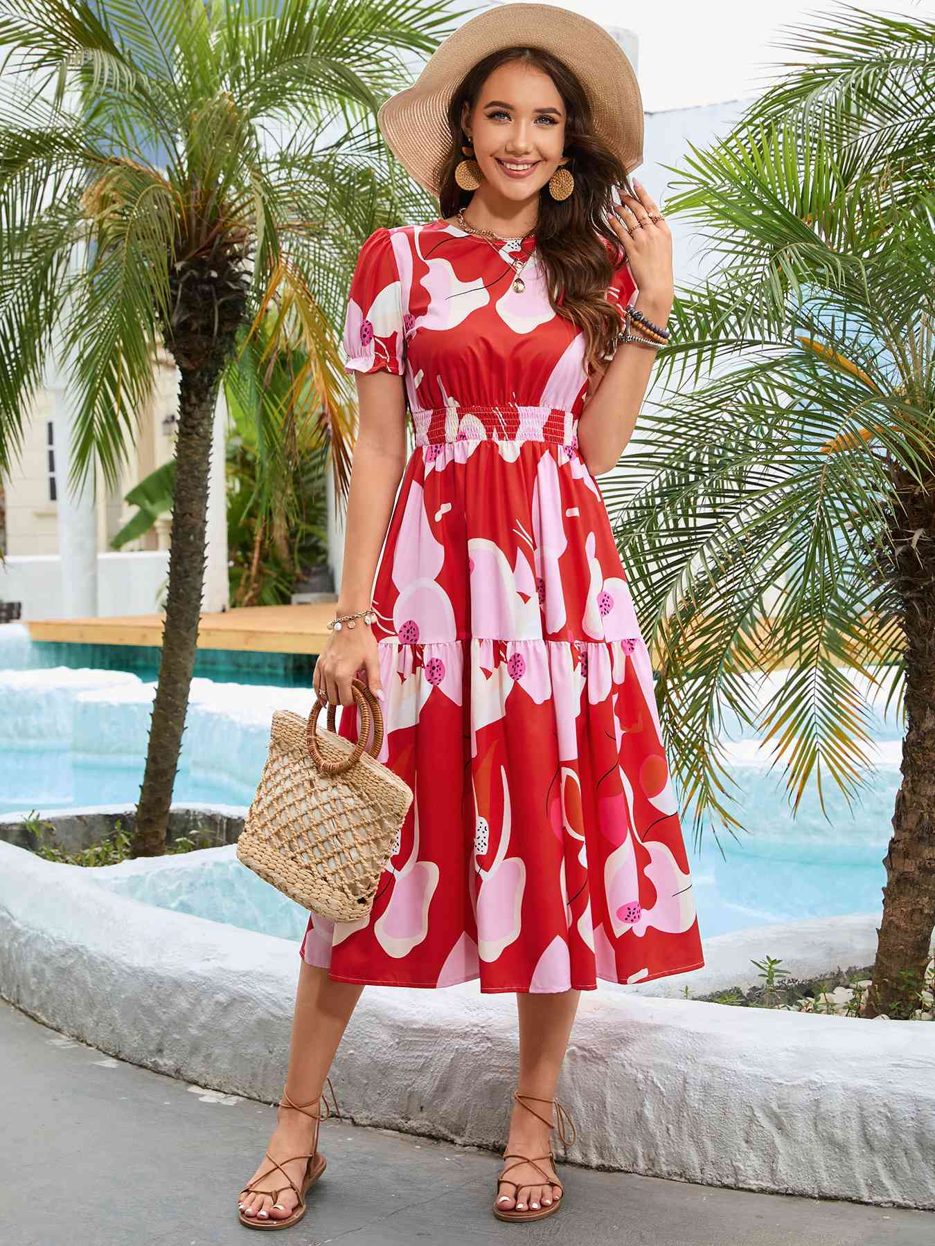 Printed Round Neck Flounce Sleeve Midi Dress - TRENDMELO