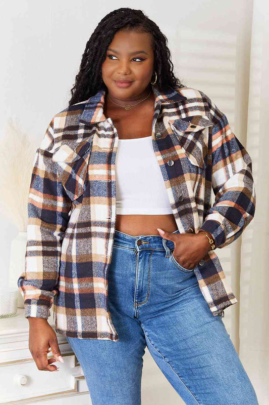 Double Take Plaid Button Front Shirt Jacket with Breast Pockets - TRENDMELO