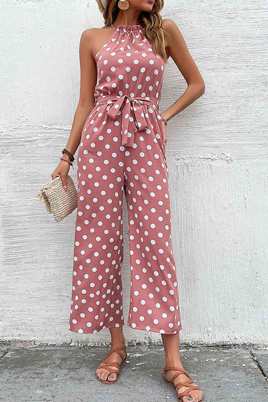 Polka Dot Grecian Wide Leg Jumpsuit - TRENDMELO