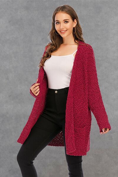 Pocketed Open Front Long Sleeve Cardigan - TRENDMELO