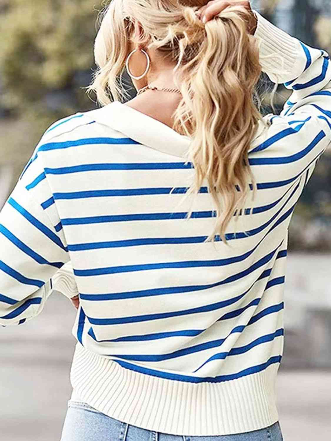 Striped Collared Neck Knit Top - TRENDMELO