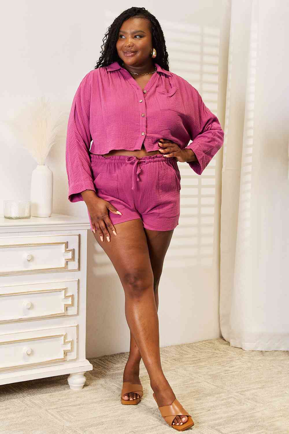 Basic Bae Buttoned Long Sleeve Top and Shorts Set - TRENDMELO