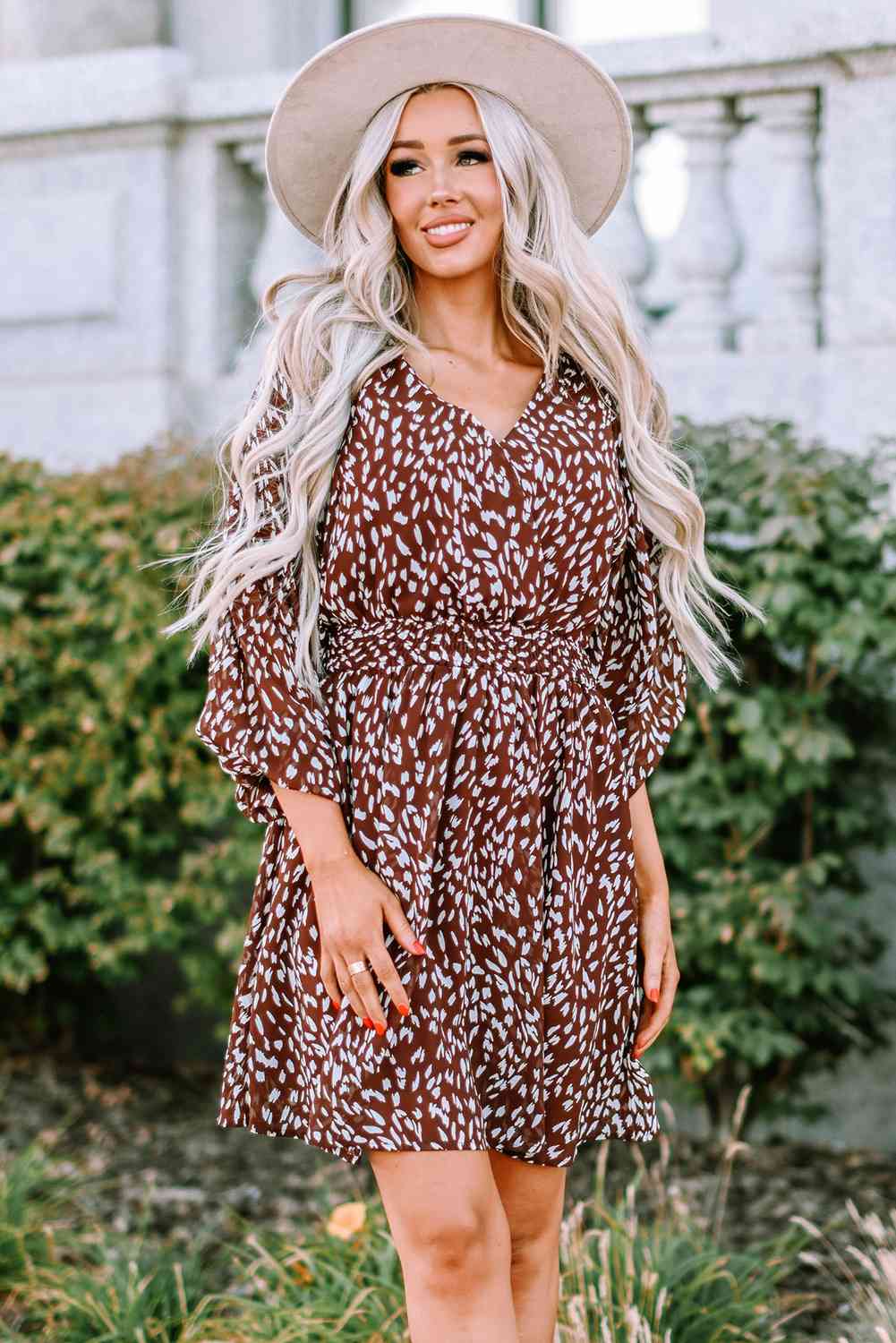 Printed Balloon Sleeve V-Neck Dress - TRENDMELO