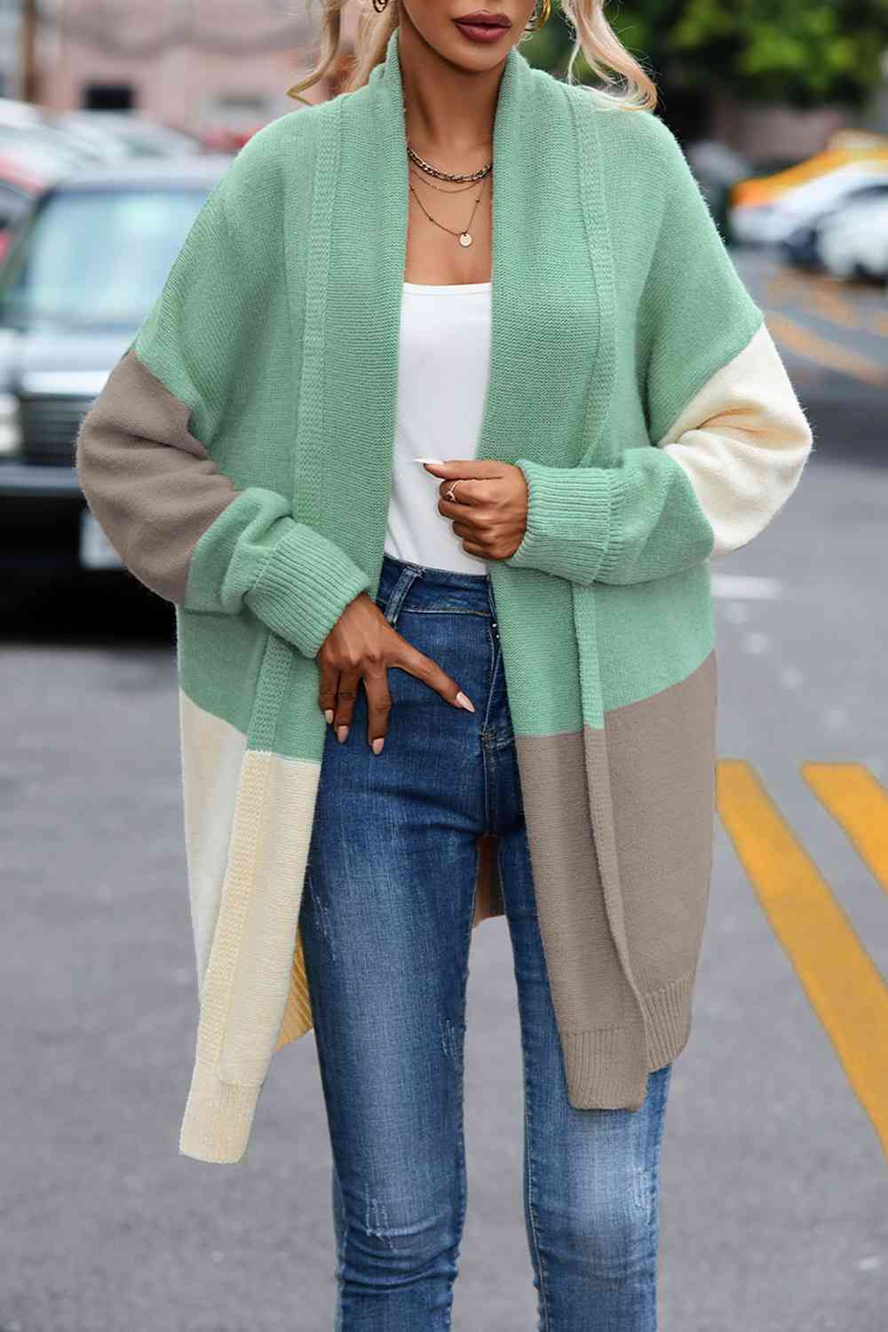 Color Block Long Sleeve Cardigan - TRENDMELO